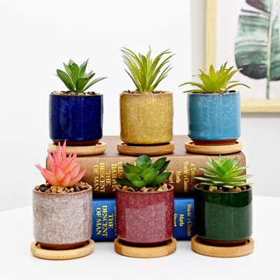 simpa 6PC Ice Crack Ceramic Plant Pots with Bamboo Base