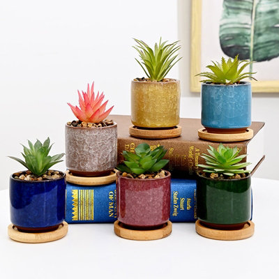 simpa 6PC Ice Crack Ceramic Plant Pots with Bamboo Base - 3