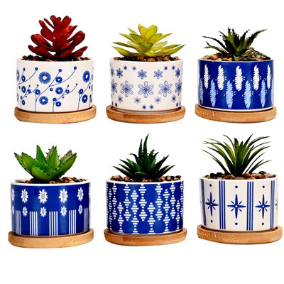 simpa 6PC Japanese Pattern Ceramic Plant Pots with Bamboo Base