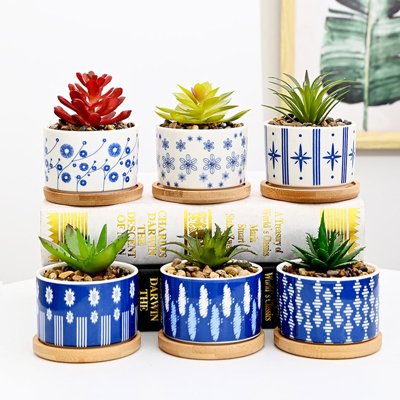 SIMPA 6PC JAPANESE PATTERN CERAMIC PLANT POTS WITH BAMBOO BASE