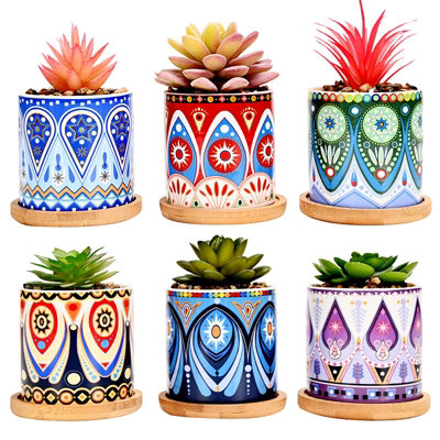 simpa 6PC Mandala Pattern Ceramic Plant Pots with Bamboo Base