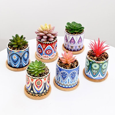 simpa 6PC Mandala Pattern Ceramic Plant Pots with Bamboo Base