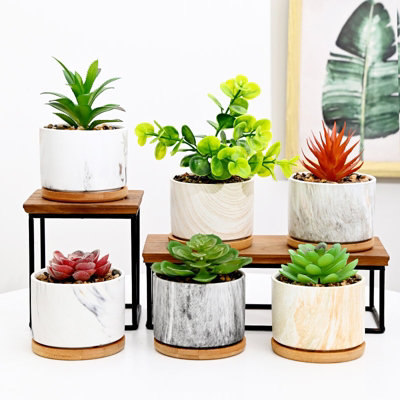 simpa 6PC Mixed Colour Pattern Ceramic Plant Pots with Bamboo Base