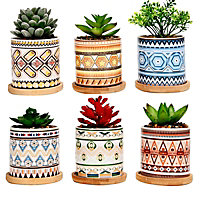 simpa 6PC Mixed Earth Pattern Ceramic Plant Pots with Bamboo Base