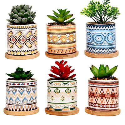 simpa 6PC Mixed Earth Pattern Ceramic Plant Pots with Bamboo Base