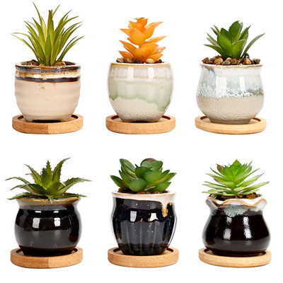 simpa 6PC Mixed Shape Pattern Ceramic Plant Pots with Bamboo Base