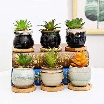 simpa 6PC Mixed Shape Pattern Ceramic Plant Pots with Bamboo Base - 4