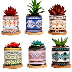 simpa 6PC Natural Pattern Ceramic Plant Pots with Bamboo Base