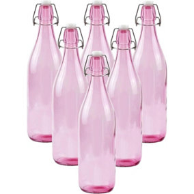 simpa 6PC Pink 1L Glass Bottles with Swing Top Lids - 1 Litre
