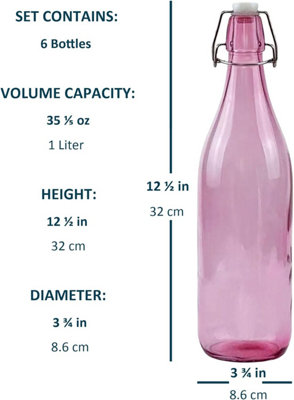 simpa 6PC Pink 1L Glass Bottles with Swing Top Lids - 1 Litre