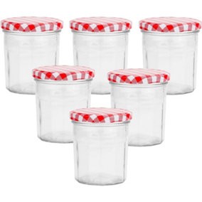 simpa 6PC Wide Mouth Glass Preserve Jars with Airtight Red Gingham Screw Top Lids - 324ml