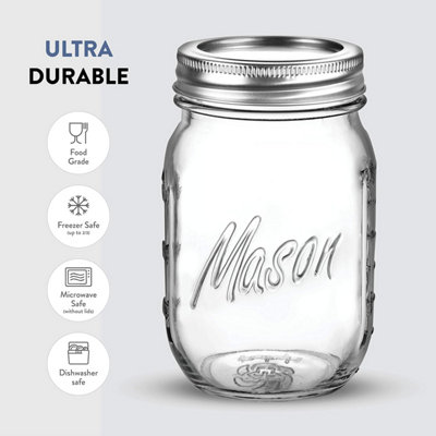 simpa 6PK 475ml/16oz Glass Mason Jars with Airtight Lids & Measurements Guide.