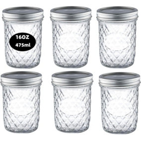 simpa 6PK 475ml/16oz Quilted Decorative Glass Mason Jars with Silver Metal Airtight Lids.