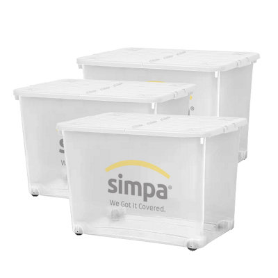 simpa 80L Wheeled Plastic Storage Boxes White Lids - Set of 5