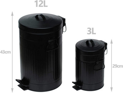 simpa Black 2PC Metal Pedal Dustbin 12L & 3L Set