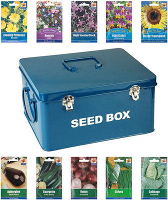 simpa Blue Seed Storage Utility Tin with 10PK Starter Vegetable & Flower Seed Packets.