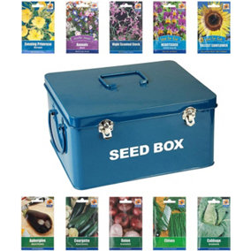 simpa Blue Seed Storage Utility Tin with 10PK Starter Vegetable & Flower Seed Packets.