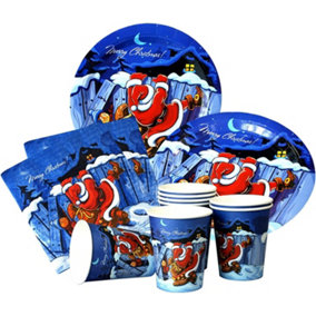 simpa Decorative Father Christmas Blue Paper Tableware Sets: Cups, Plates & Napkins for 16 Guests