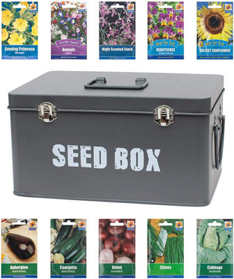 simpa Grey Seed Storage Utility Tin with 10PK Starter Vegetable & Flower Seed Packets.