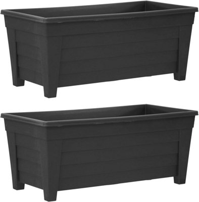 simpa Grosvenor 55cm Black Plastic Trough Garden Planter Set of 2 Pots