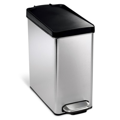 simplehuman 10L Slim Profile Pedal Bin, Small Bin for Bathroom Bedroom Office, Brushed Steel with Black Dent-Proof Plastic Lid