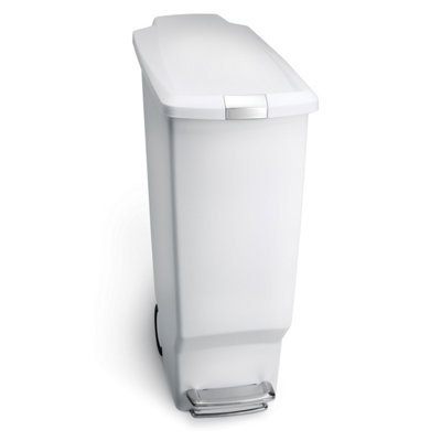 simplehuman 40L Slim Kitchen Pedal Bin with Lid Lock, Silent Soft Close Lid, Strong Steel Pedal, White Plastic