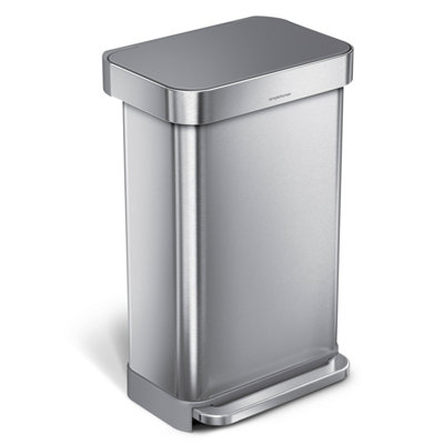 simplehuman 45L Rectangular Kitchen Pedal Bin with Liner Pocket, Silent Soft Close, Brushed Stainless Steel with Grey Plastic Lid