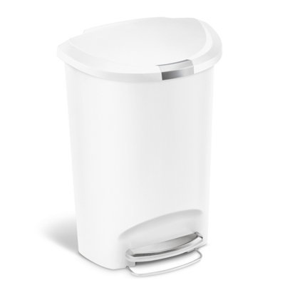 simplehuman 50L Semi-Round Kitchen Pedal Bin with Lid Lock, Silent Soft Close Lid, Strong Steel Pedal, White Plastic