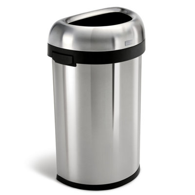 simplehuman 60L Semi-Round Open Bin, Office Business Commercial Bin, Dent-Resistant, Lift Lid, Brushed Heavy-Gauge Stainless Steel