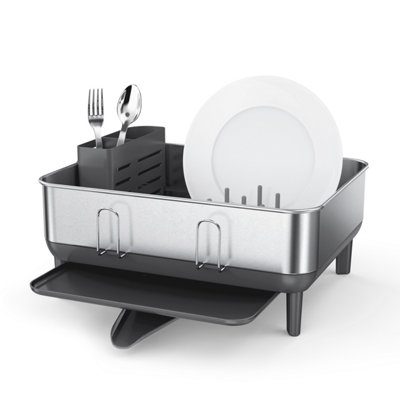 simplehuman Compact Steel Frame Dish Rack, Dish Drainer Rack, 360 Swivel Spout, Cutlery Holder, Grey with Brushed Stainless Steel