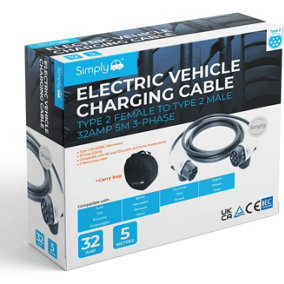 Simply Auto Electric Vehicle Fast-Charging, Lightweight, Durable and Flexible Cable Type 2 to Type 32AMP 5m Cable
