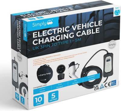 Simply Auto Electric Vehicle Fast-Charging with Lightweight, Durable and Flexable Cable - UK 3 Pin to Type 1-5M