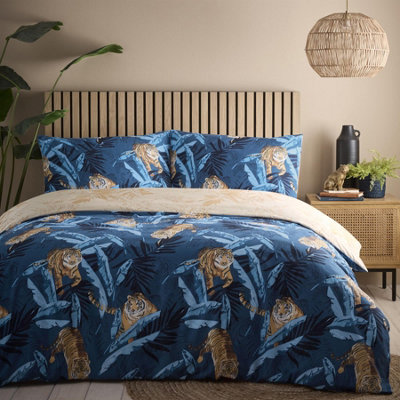 Simply Charlotte Tiger Double Bed Duvet Cover Reversible Bedding Bed Set Blue