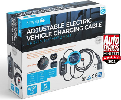 Simply Premium Adjustable Amperage Electric Vehicle Fast-Charging 3.1kW 8/10/13amp Cable UK 3Pin to Type 2-5M