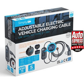 Simply Premium Adjustable Amperage Electric Vehicle Fast-Charging 3.1kW 8/10/13amp Cable UK 3Pin to Type 2-5M