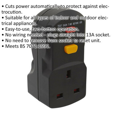 Single 230V Socket RCD Safety Adaptor - 2990W Max Load - Cut Out Protection