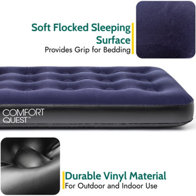 Single Air Bed Inflatable Airbed Flocked Camping Guest Mattress Comfort Quest