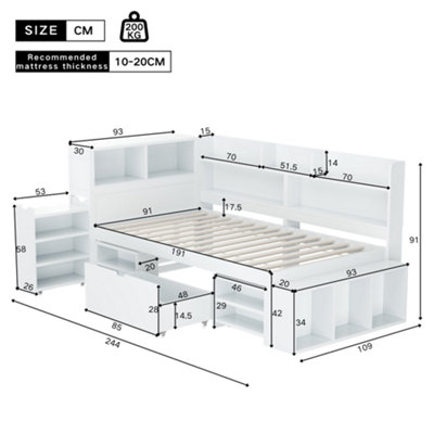 Single Bed 3ft 90x190 cm Multifunctional with Drawers Bookcase Storage ...