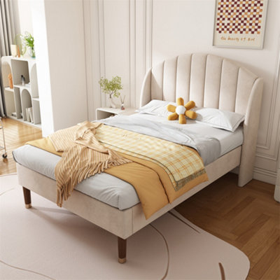 Single Bed-3ft(90x190cm),with Slatted Frame and Headboard, Youth Bed, Wooden Slatted Support, Easy Assembly, Velvet, Beige