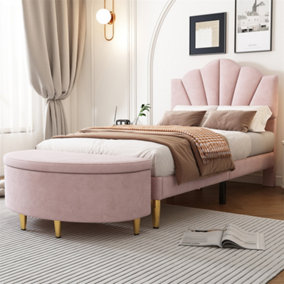 Single Bed-4ft(90x190cm), Height-adjustable Headboard, Upholstered Bench with Storage Space(90x40x42cm),Pink, Velvet