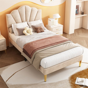 Single Bed-4ft(90x190cm), Shell-like Bed with Golden Iron Legs, Upholstered Bench with Storage Space(90x40x42cm), Velvet,Beige