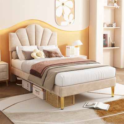 Single Bed-4ft, Shell-like Bed with Golden Iron Legs, Height-adjustable ...