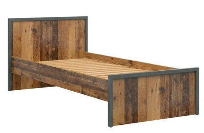 Single Bed Euro 90cm Frame + Wood Slats Dark Grey Rustic Oak Pine Effect Weston