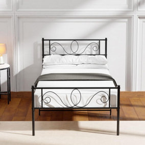 Single Bed Frame Square Headboard Scroll Design Swirl, Easy Assembly Black Extra Strong Heavy Duty bed, bed Base 6.5 x 3ft