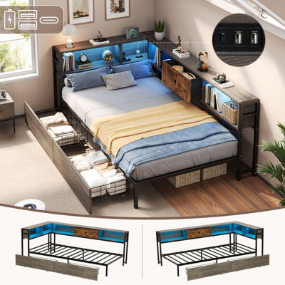 Single Bed Frame with RGB LED Lights, USB-C Charging, Storage & Drawers ...