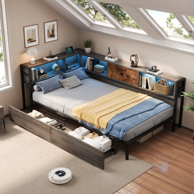 Single Bed Frame with RGB LED Lights, USB-C Charging, Storage & Drawers ...
