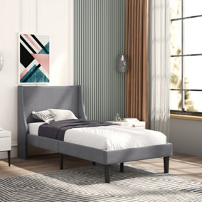 Single Bed Soft Linen Grey 3FT Upholstered Bed  with Winged Headboard, Wood Slat Support
