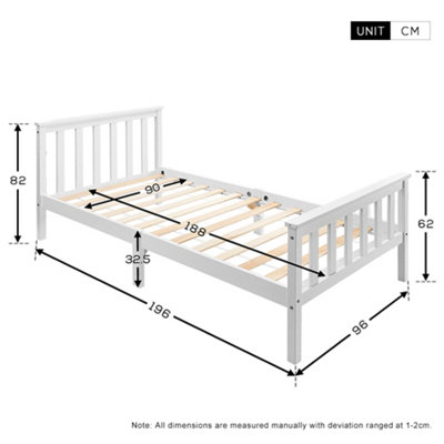Single Bed White 3ft Solid Pine Wooden Bed Frame for Adults Kids 190 x 90 cm