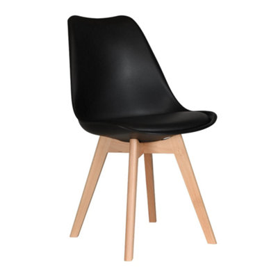 Single Black Scandinavian Dining Chair with Leather Cushions Solid Wood Legs