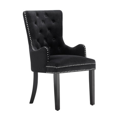 Single Black Velvet Dining Chair with Armrest, Ergonomic Scoop Knockerback & Button Tufted Wood Legs